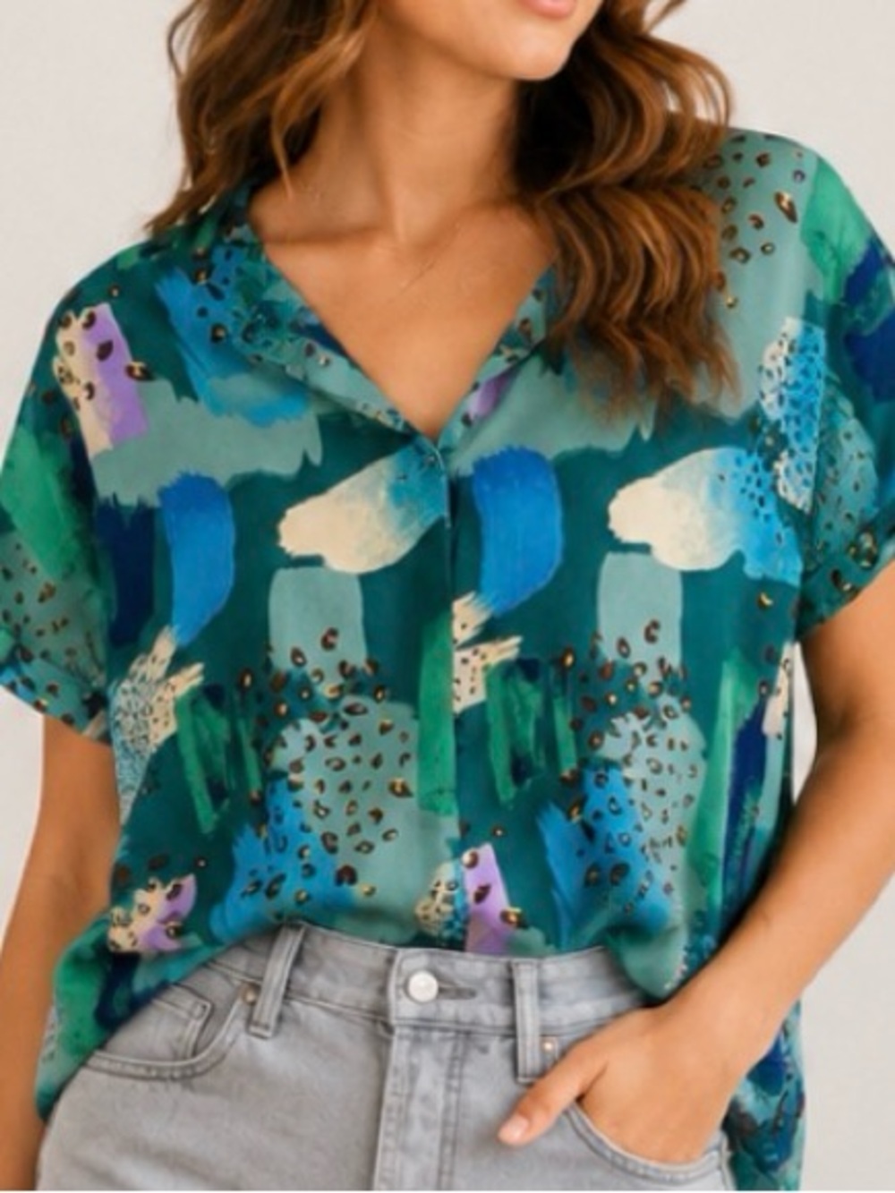 JODIFL Teal Green Blue Abstract Brushstroke V-Neck Short Sleeve Blouse